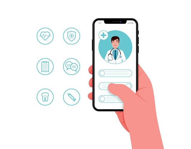 animation of a hand holding a phone with a doctor on the screen